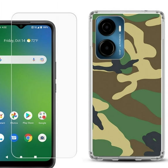 For AT&T Propel 2 5G Phone Case Cover, Shockproof Bumper Hybrid Case with Tempered Glass Screen Protector, by OneToughShield - Camo Green