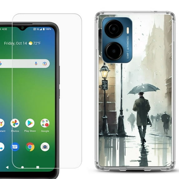 For AT&T Propel 2 5G Phone Case Cover, Shockproof Bumper Hybrid Case with Tempered Glass Screen Protector, by OneToughShield - City in the rain