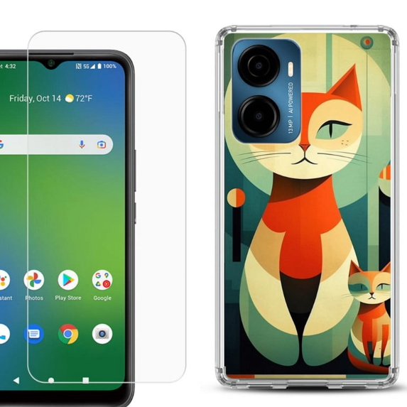 For AT&T Propel 2 5G Phone Case Cover, Shockproof Bumper Hybrid Case with Tempered Glass Screen Protector, by OneToughShield - Cute Cats