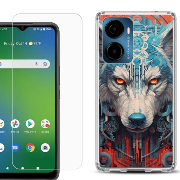 For AT&T Propel 2 5G Phone Case Cover, Shockproof Bumper Hybrid Case with Tempered Glass Screen Protector, by OneToughShield - Cyberpunk Wolf
