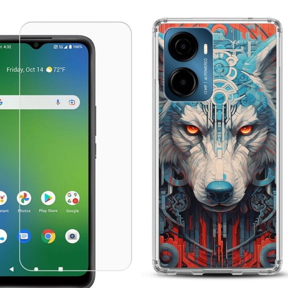 For AT&T Propel 2 5G Phone Case Cover, Shockproof Bumper Hybrid Case with Tempered Glass Screen Protector, by OneToughShield - Cyberpunk Wolf