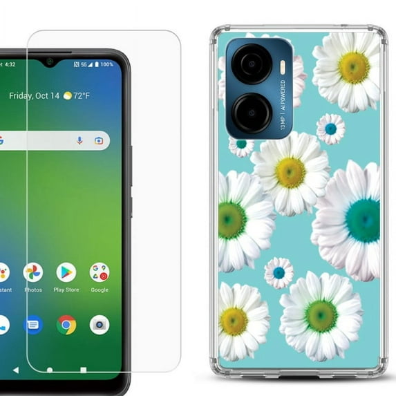 For AT&T Propel 2 5G Phone Case Cover, Shockproof Bumper Hybrid Case with Tempered Glass Screen Protector, by OneToughShield - Daisy/Teal