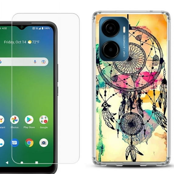 For AT&T Propel 2 5G Phone Case Cover, Shockproof Bumper Hybrid Case with Tempered Glass Screen Protector, by OneToughShield - Dream Catcher Color