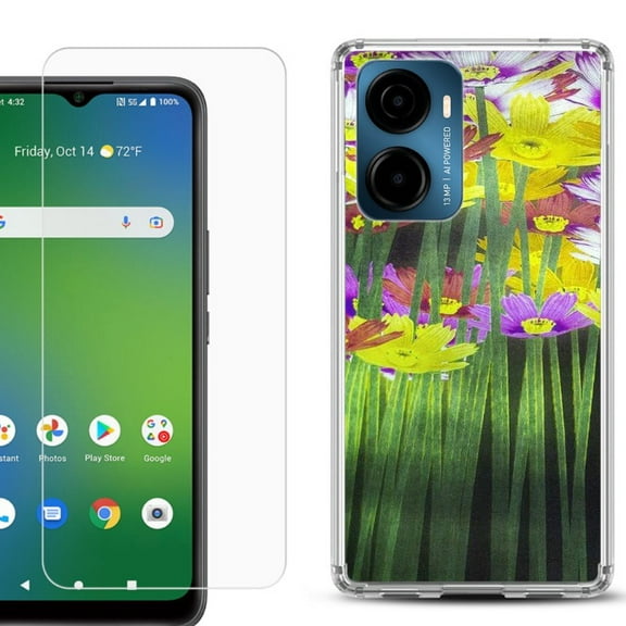 For AT&T Propel 2 5G Phone Case Cover, Shockproof Bumper Hybrid Case with Tempered Glass Screen Protector, by OneToughShield - Dream Flower