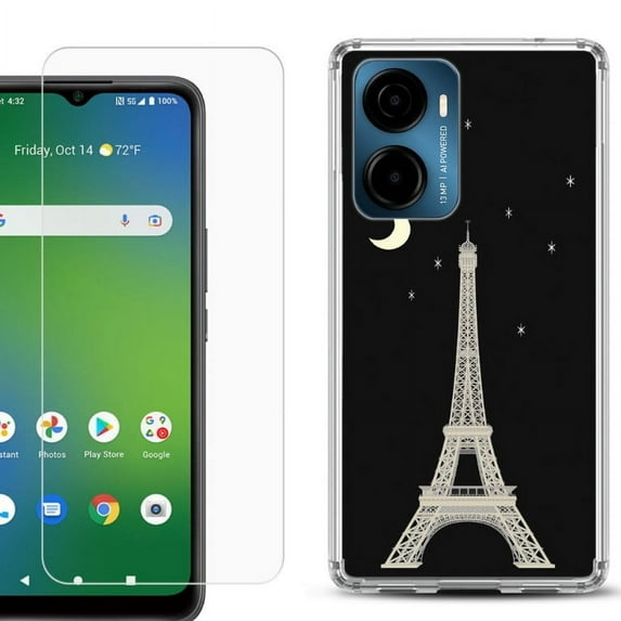 For AT&T Propel 2 5G Phone Case Cover, Shockproof Bumper Hybrid Case with Tempered Glass Screen Protector, by OneToughShield - Eiffel Tower Moon