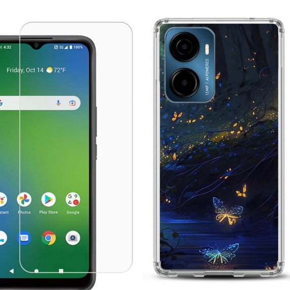 For AT&T Propel 2 5G Phone Case Cover, Shockproof Bumper Hybrid Case with Tempered Glass Screen Protector, by OneToughShield - Fireflies Butterfly