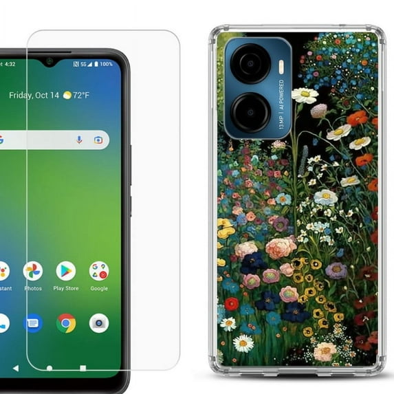 For AT&T Propel 2 5G Phone Case Cover, Shockproof Bumper Hybrid Case with Tempered Glass Screen Protector, by OneToughShield - Flowery Garden