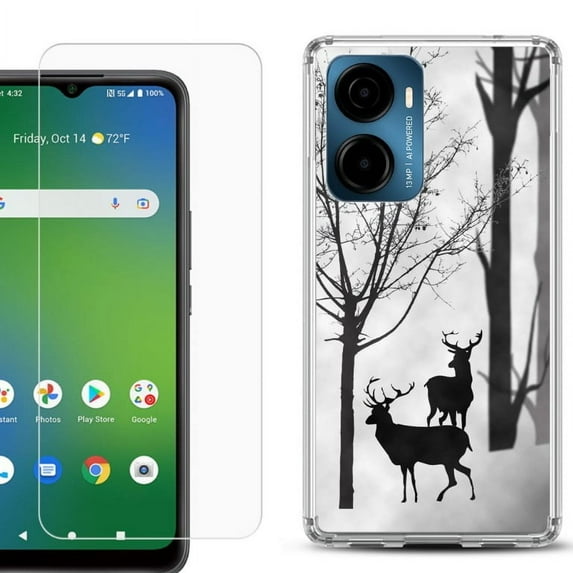 For AT&T Propel 2 5G Phone Case Cover, Shockproof Bumper Hybrid Case with Tempered Glass Screen Protector, by OneToughShield - Forest Deer