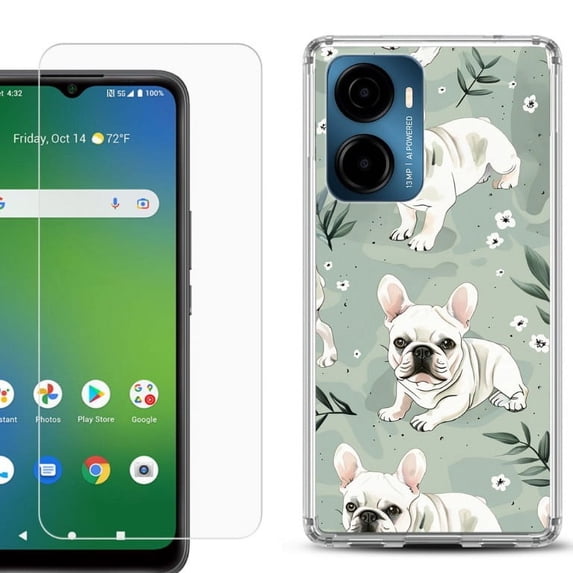 For AT&T Propel 2 5G Phone Case Cover, Shockproof Bumper Hybrid Case with Tempered Glass Screen Protector, by OneToughShield - French Bulldog