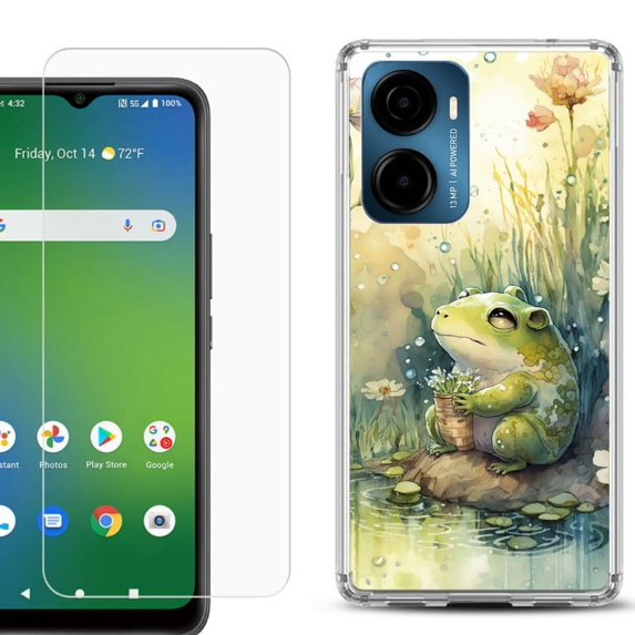 For AT&T Propel 2 5G Phone Case Cover, Shockproof Bumper Hybrid Case with Tempered Glass Screen Protector, by OneToughShield - Frog