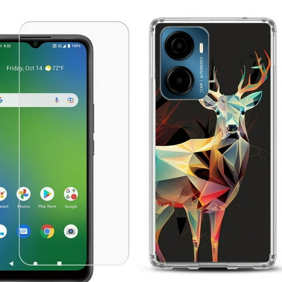 For AT&T Propel 2 5G Phone Case Cover, Shockproof Bumper Hybrid Case with Tempered Glass Screen Protector, by OneToughShield - Geometric Deer