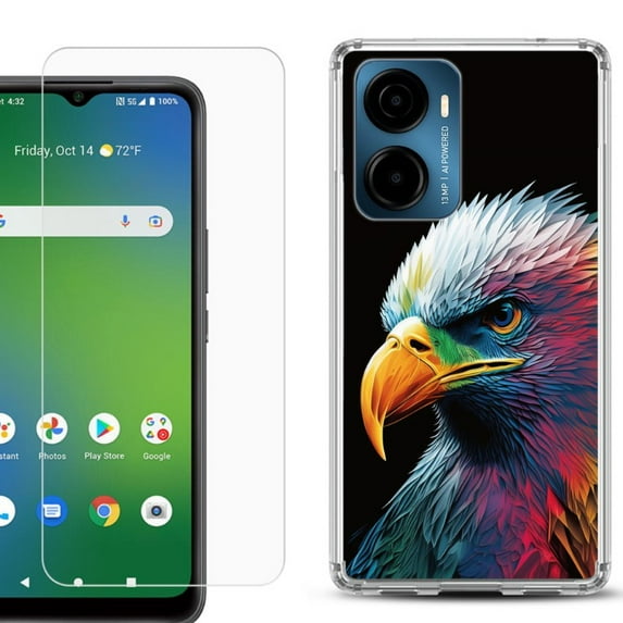 For AT&T Propel 2 5G Phone Case Cover, Shockproof Bumper Hybrid Case with Tempered Glass Screen Protector, by OneToughShield - Geometric Eagle