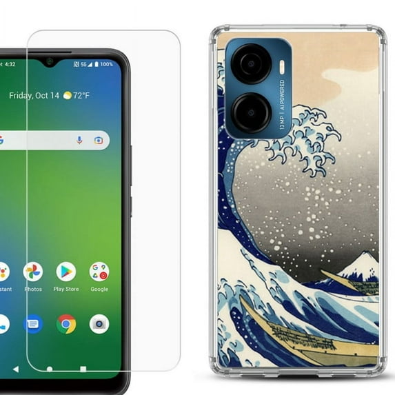 For AT&T Propel 2 5G Phone Case Cover, Shockproof Bumper Hybrid Case with Tempered Glass Screen Protector, by OneToughShield - Great Wave