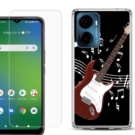 For AT&T Propel 2 5G Phone Case Cover, Shockproof Bumper Hybrid Case with Tempered Glass Screen Protector, by OneToughShield - Guitar Red