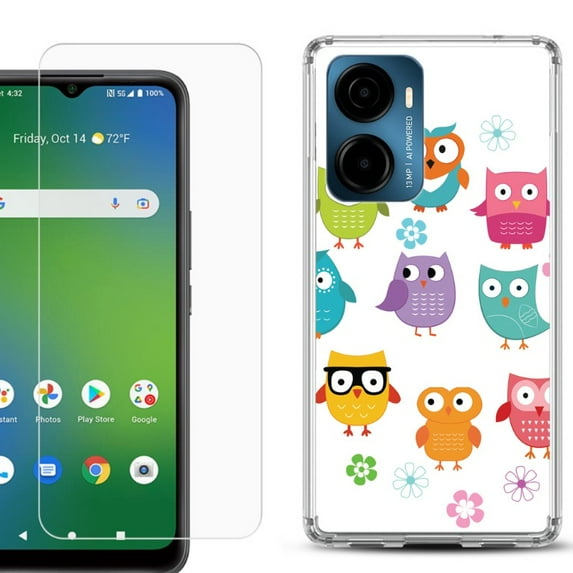 For AT&T Propel 2 5G Phone Case Cover, Shockproof Bumper Hybrid Case with Tempered Glass Screen Protector, by OneToughShield - Happy Owl