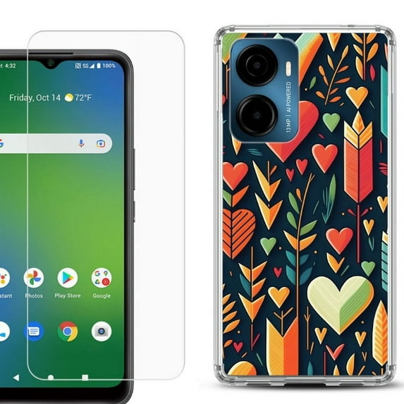 For AT&T Propel 2 5G Phone Case Cover, Shockproof Bumper Hybrid Case with Tempered Glass Screen Protector, by OneToughShield - Hearts n Arrows