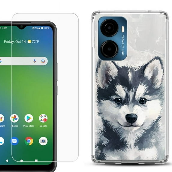 For AT&T Propel 2 5G Phone Case Cover, Shockproof Bumper Hybrid Case with Tempered Glass Screen Protector, by OneToughShield - Husky Puppy