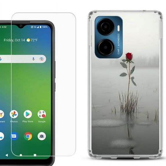 For AT&T Propel 2 5G Phone Case Cover, Shockproof Bumper Hybrid Case with Tempered Glass Screen Protector, by OneToughShield - Icy Rose