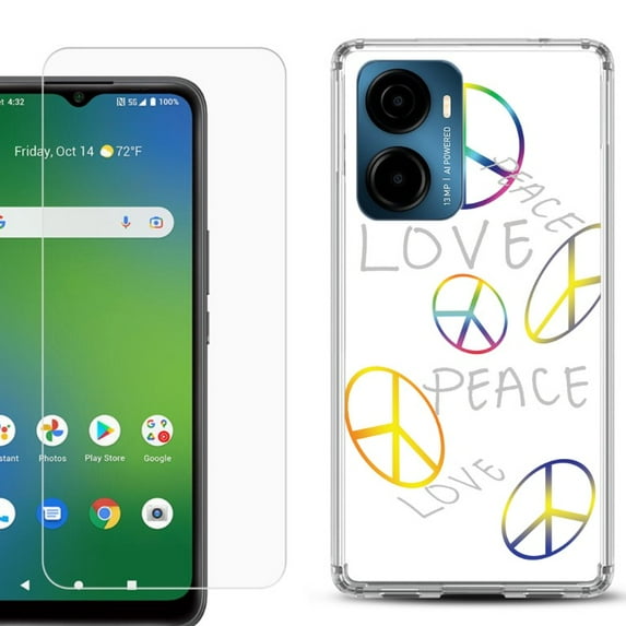 For AT&T Propel 2 5G Phone Case Cover, Shockproof Bumper Hybrid Case with Tempered Glass Screen Protector, by OneToughShield - Love/Peace