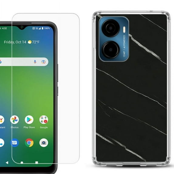 For AT&T Propel 2 5G Phone Case Cover, Shockproof Bumper Hybrid Case with Tempered Glass Screen Protector, by OneToughShield - Marble / Black