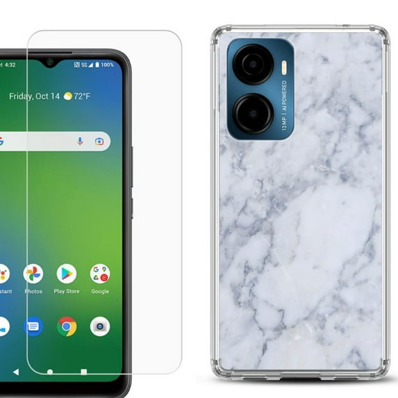 For AT&T Propel 2 5G Phone Case Cover, Shockproof Bumper Hybrid Case with Tempered Glass Screen Protector, by OneToughShield - Marble / Clouds