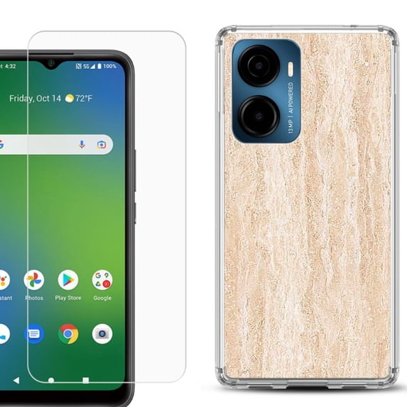 For AT&T Propel 2 5G Phone Case Cover, Shockproof Bumper Hybrid Case with Tempered Glass Screen Protector, by OneToughShield - Marble/Coffee Tone