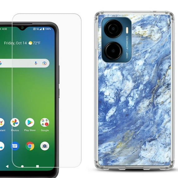 For AT&T Propel 2 5G Phone Case Cover, Shockproof Bumper Hybrid Case with Tempered Glass Screen Protector, by OneToughShield - Marble / Gem Blue