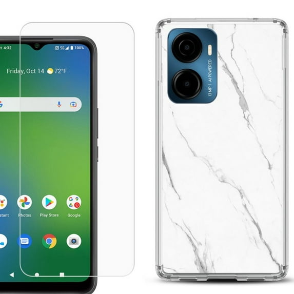 For AT&T Propel 2 5G Phone Case Cover, Shockproof Bumper Hybrid Case with Tempered Glass Screen Protector, by OneToughShield - Marble / White