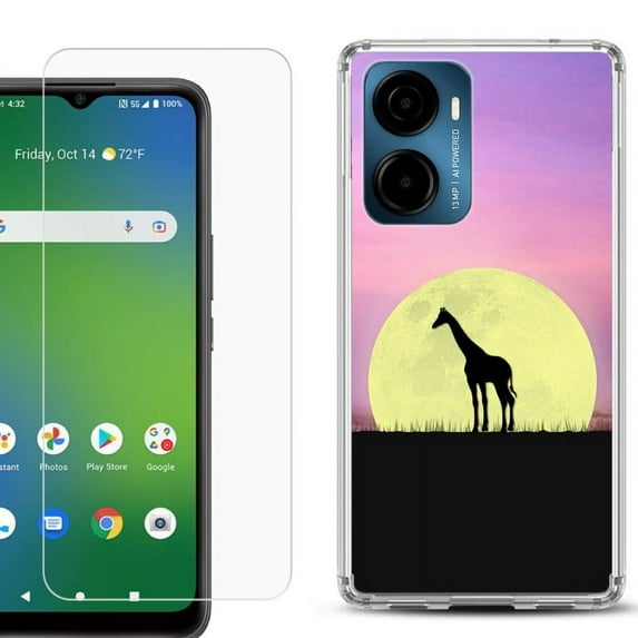 For AT&T Propel 2 5G Phone Case Cover, Shockproof Bumper Hybrid Case with Tempered Glass Screen Protector, by OneToughShield - Moonlight Giraffe