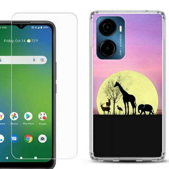 For AT&T Propel 2 5G Phone Case Cover, Shockproof Bumper Hybrid Case with Tempered Glass Screen Protector, by OneToughShield - Moonlight Safari