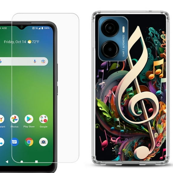 For AT&T Propel 2 5G Phone Case Cover, Shockproof Bumper Hybrid Case with Tempered Glass Screen Protector, by OneToughShield - Music Notes Colorful