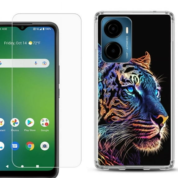 For AT&T Propel 2 5G Phone Case Cover, Shockproof Bumper Hybrid Case with Tempered Glass Screen Protector, by OneToughShield - Neon Tiger