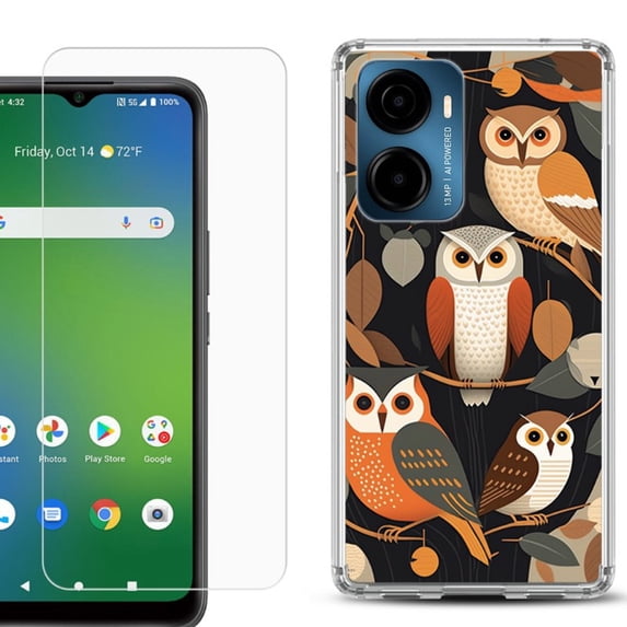 For AT&T Propel 2 5G Phone Case Cover, Shockproof Bumper Hybrid Case with Tempered Glass Screen Protector, by OneToughShield - Owl Mix