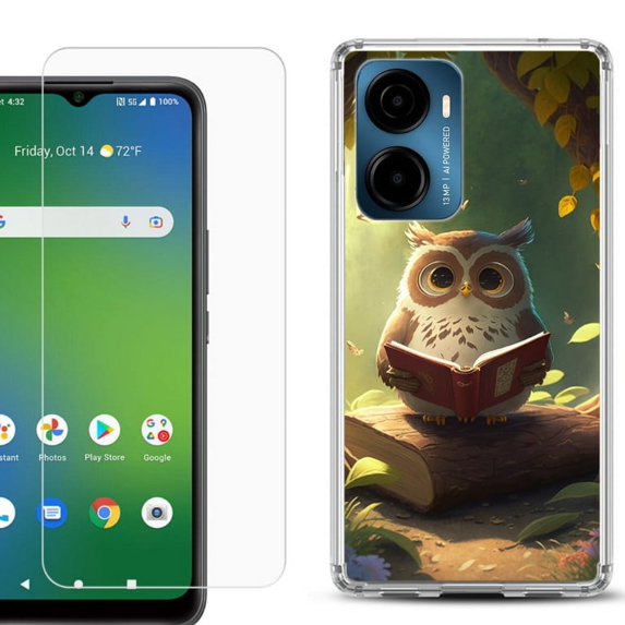 For AT&T Propel 2 5G Phone Case Cover, Shockproof Bumper Hybrid Case with Tempered Glass Screen Protector, by OneToughShield - Owl Reading