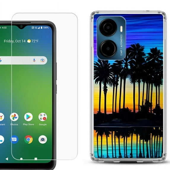 For AT&T Propel 2 5G Phone Case Cover, Shockproof Bumper Hybrid Case with Tempered Glass Screen Protector, by OneToughShield - Palmtree