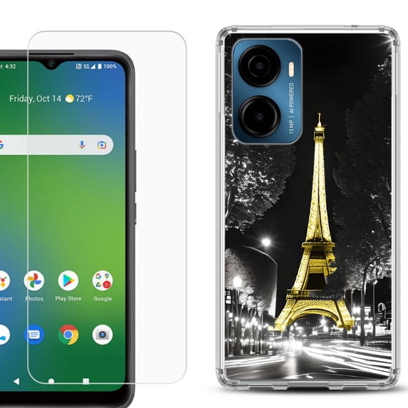 For AT&T Propel 2 5G Phone Case Cover, Shockproof Bumper Hybrid Case with Tempered Glass Screen Protector, by OneToughShield - Paris Night