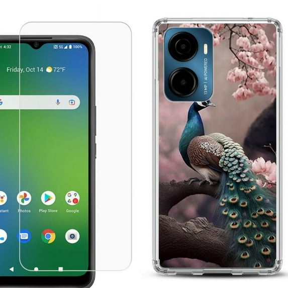 For AT&T Propel 2 5G Phone Case Cover, Shockproof Bumper Hybrid Case with Tempered Glass Screen Protector, by OneToughShield - Peacock Flower