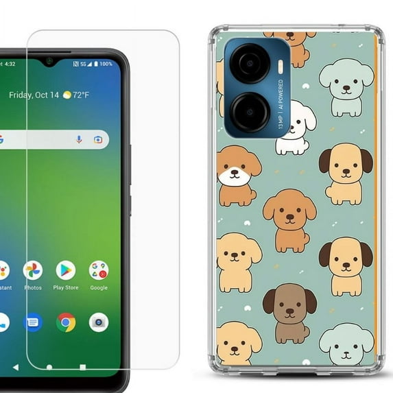 For AT&T Propel 2 5G Phone Case Cover, Shockproof Bumper Hybrid Case with Tempered Glass Screen Protector, by OneToughShield - Puppies