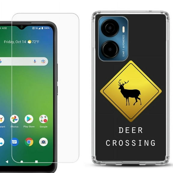 For AT&T Propel 2 5G Phone Case Cover, Shockproof Bumper Hybrid Case with Tempered Glass Screen Protector, by OneToughShield - Road Sign Deer