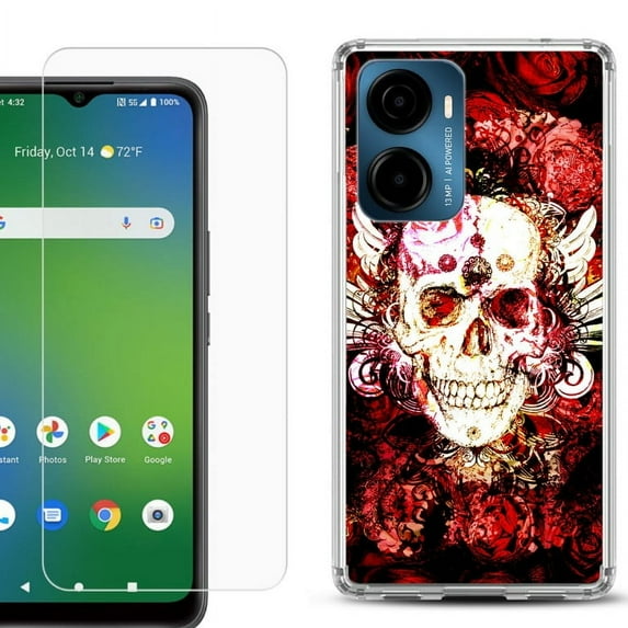 For AT&T Propel 2 5G Phone Case Cover, Shockproof Bumper Hybrid Case with Tempered Glass Screen Protector, by OneToughShield - Rose Skull