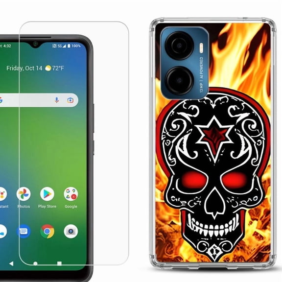 For AT&T Propel 2 5G Phone Case Cover, Shockproof Bumper Hybrid Case with Tempered Glass Screen Protector, by OneToughShield - Skull Flames