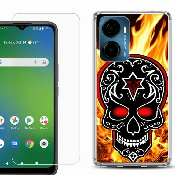 For AT&T Propel 2 5G Phone Case Cover, Shockproof Bumper Hybrid Case with Tempered Glass Screen Protector, by OneToughShield - Skull Flames