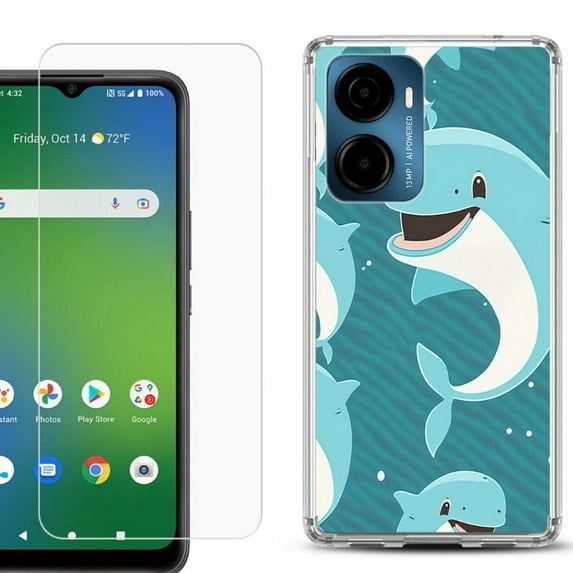 For AT&T Propel 2 5G Phone Case Cover, Shockproof Bumper Hybrid Case with Tempered Glass Screen Protector, by OneToughShield - Smiling Dolphin