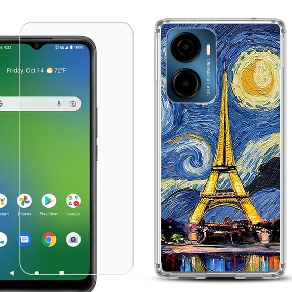 For AT&T Propel 2 5G Phone Case Cover, Shockproof Bumper Hybrid Case with Tempered Glass Screen Protector, by OneToughShield - Starry Night Eiffel