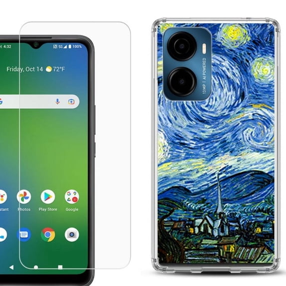 For AT&T Propel 2 5G Phone Case Cover, Shockproof Bumper Hybrid Case with Tempered Glass Screen Protector, by OneToughShield - Starry Night Paris