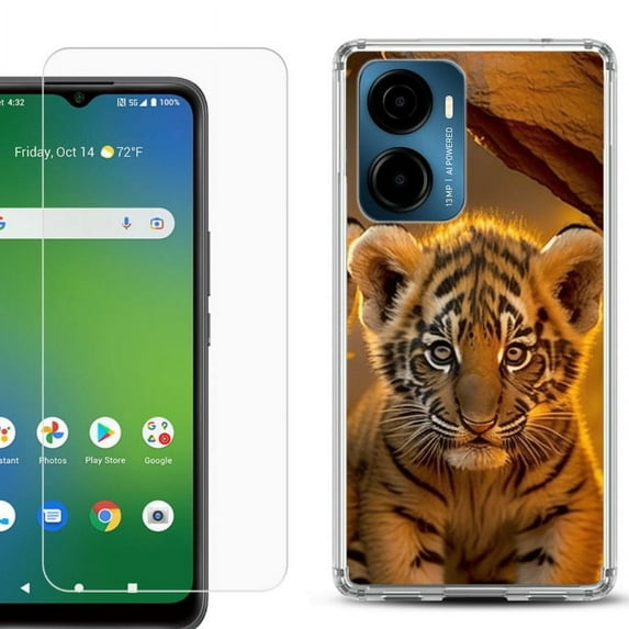 For AT&T Propel 2 5G Phone Case Cover, Shockproof Bumper Hybrid Case with Tempered Glass Screen Protector, by OneToughShield - Tiger Cub