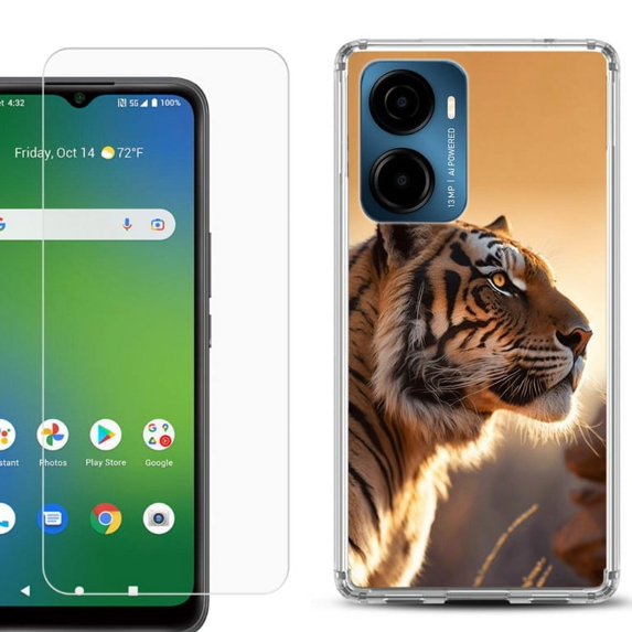 For AT&T Propel 2 5G Phone Case Cover, Shockproof Bumper Hybrid Case with Tempered Glass Screen Protector, by OneToughShield - Tiger