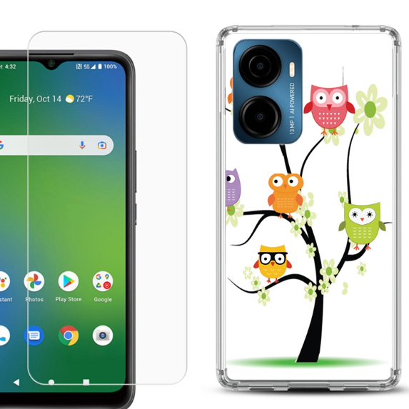 For AT&T Propel 2 5G Phone Case Cover, Shockproof Bumper Hybrid Case with Tempered Glass Screen Protector, by OneToughShield - Tree Owl