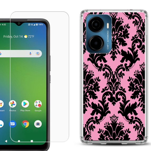 For AT&T Propel 2 5G Phone Case Cover, Shockproof Bumper Hybrid Case with Tempered Glass Screen Protector, by OneToughShield - Victorian Pink/Black