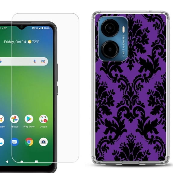 For AT&T Propel 2 5G Phone Case Cover, Shockproof Bumper Hybrid Case with Tempered Glass Screen Protector, by OneToughShield - Victorian Purple/Black